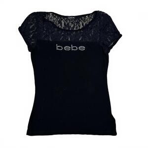 Bebe Top Black Lace Detail Rhinestone Graphic Y2K